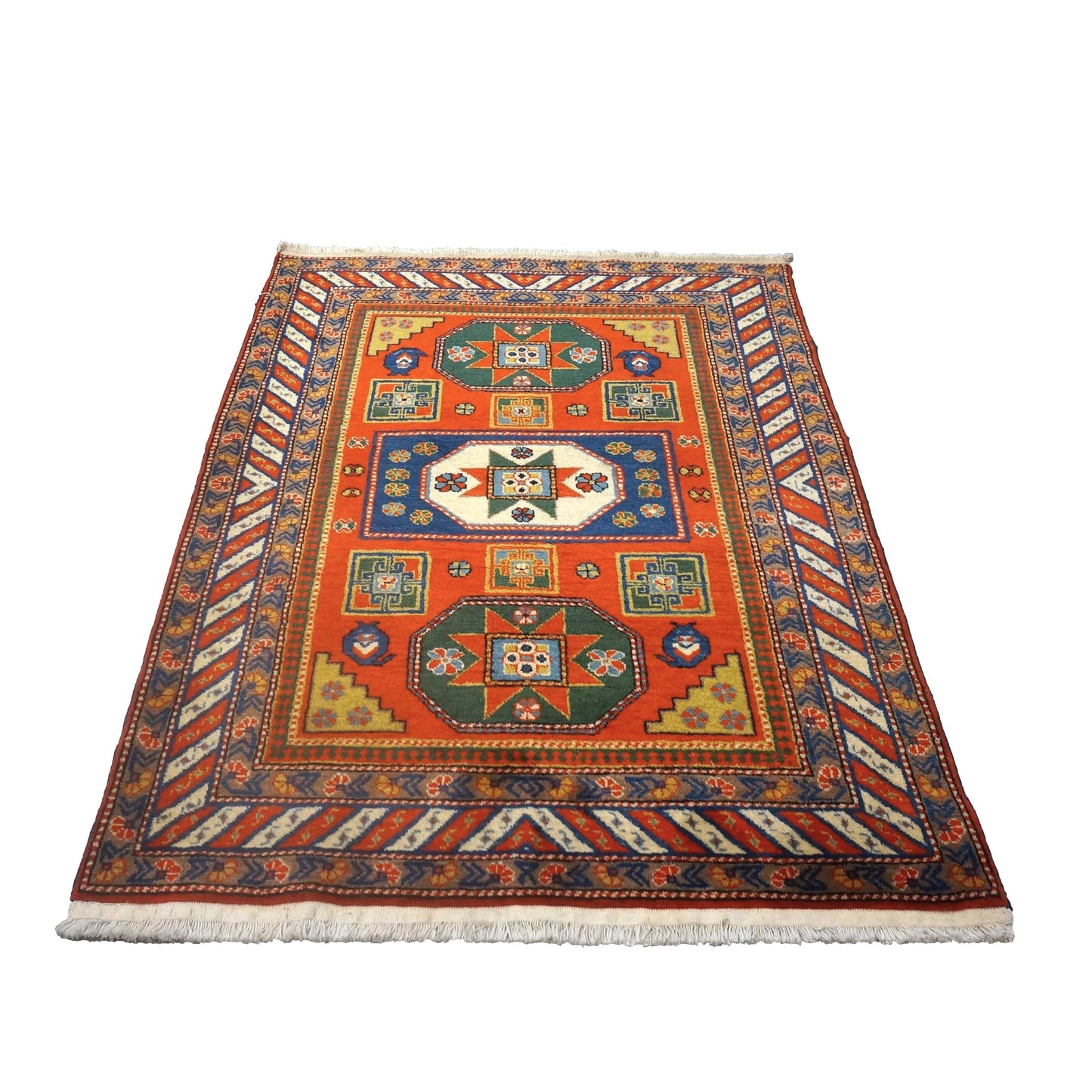 Antique Azerbaijani Kazak Wool 4x5 Orange & Navy Handmade Area Rug #9902490