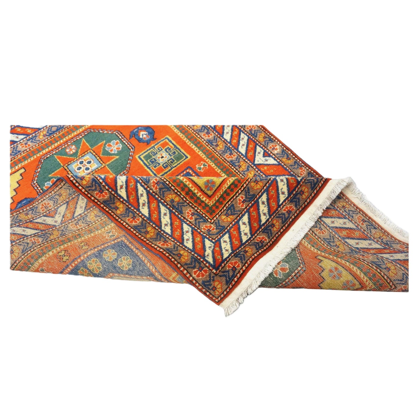 Antique Azerbaijani Kazak Wool 4x5 Orange & Navy Handmade Area Rug #9902490