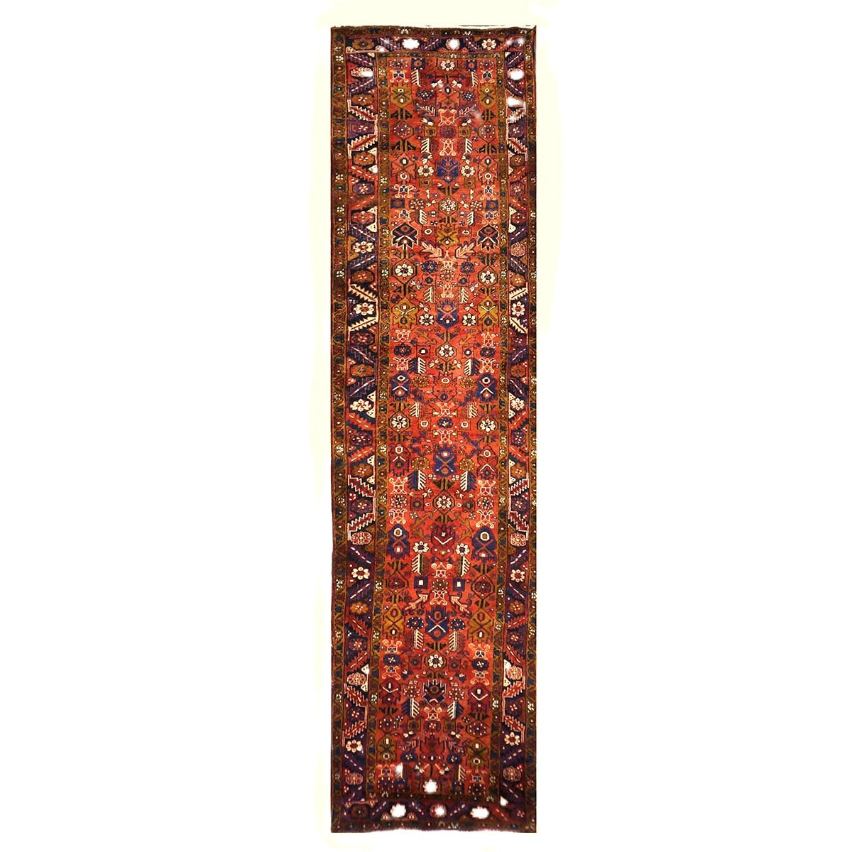 Antique Persian Heriz Wool 3x15 Orange, Camel & Navy Handmade Runner Rug #9902511