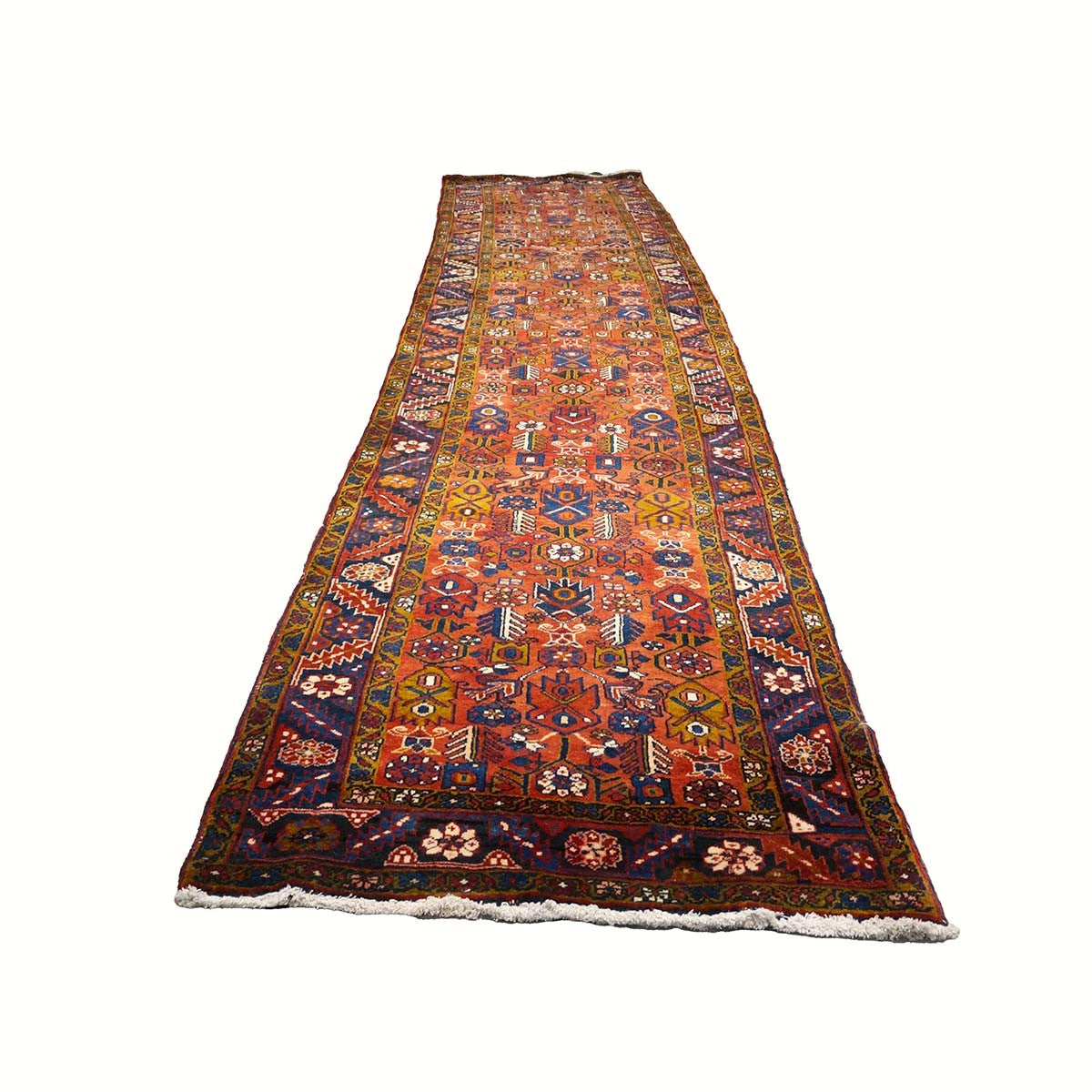 Antique Persian Heriz Wool 3x15 Orange, Camel & Navy Handmade Runner Rug #9902511