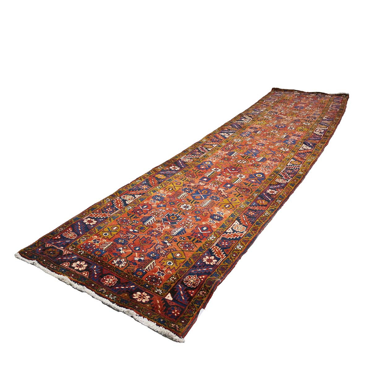 Antique Persian Heriz Wool 3x15 Orange, Camel & Navy Handmade Runner Rug #9902511