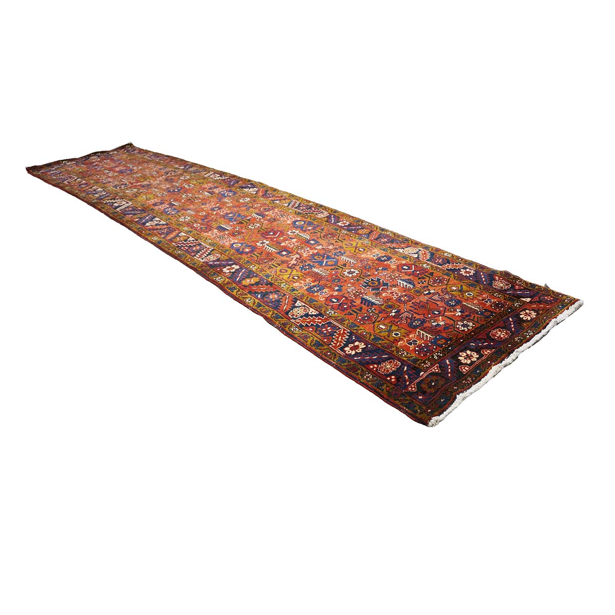 Antique Persian Heriz Wool 3x15 Orange, Camel & Navy Handmade Runner Rug #9902511