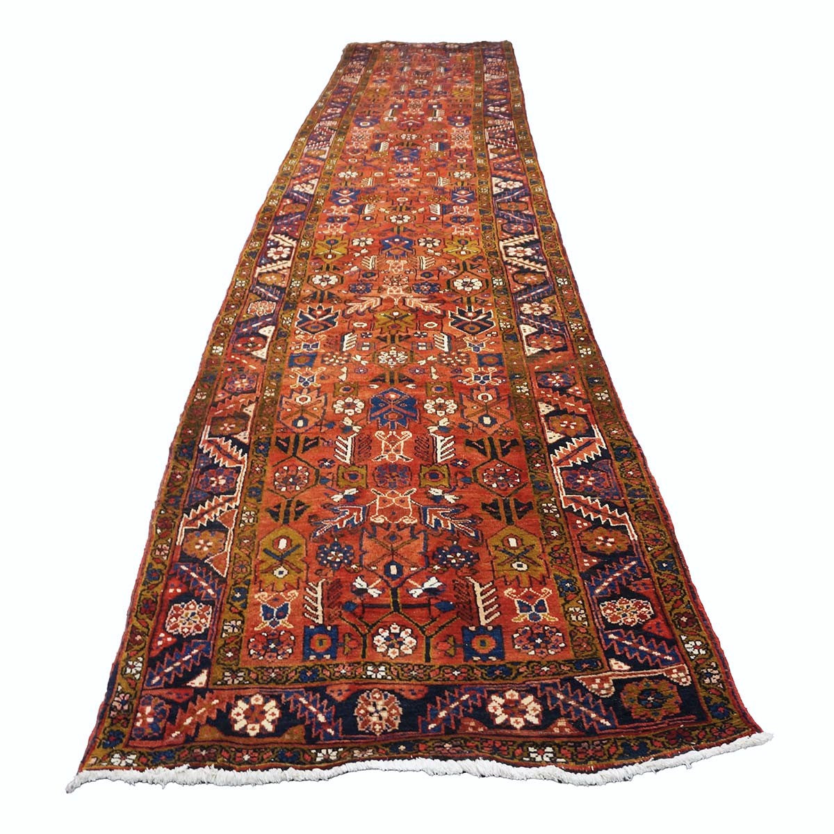 Antique Persian Heriz Wool 3x15 Orange, Camel & Navy Handmade Runner Rug #9902511