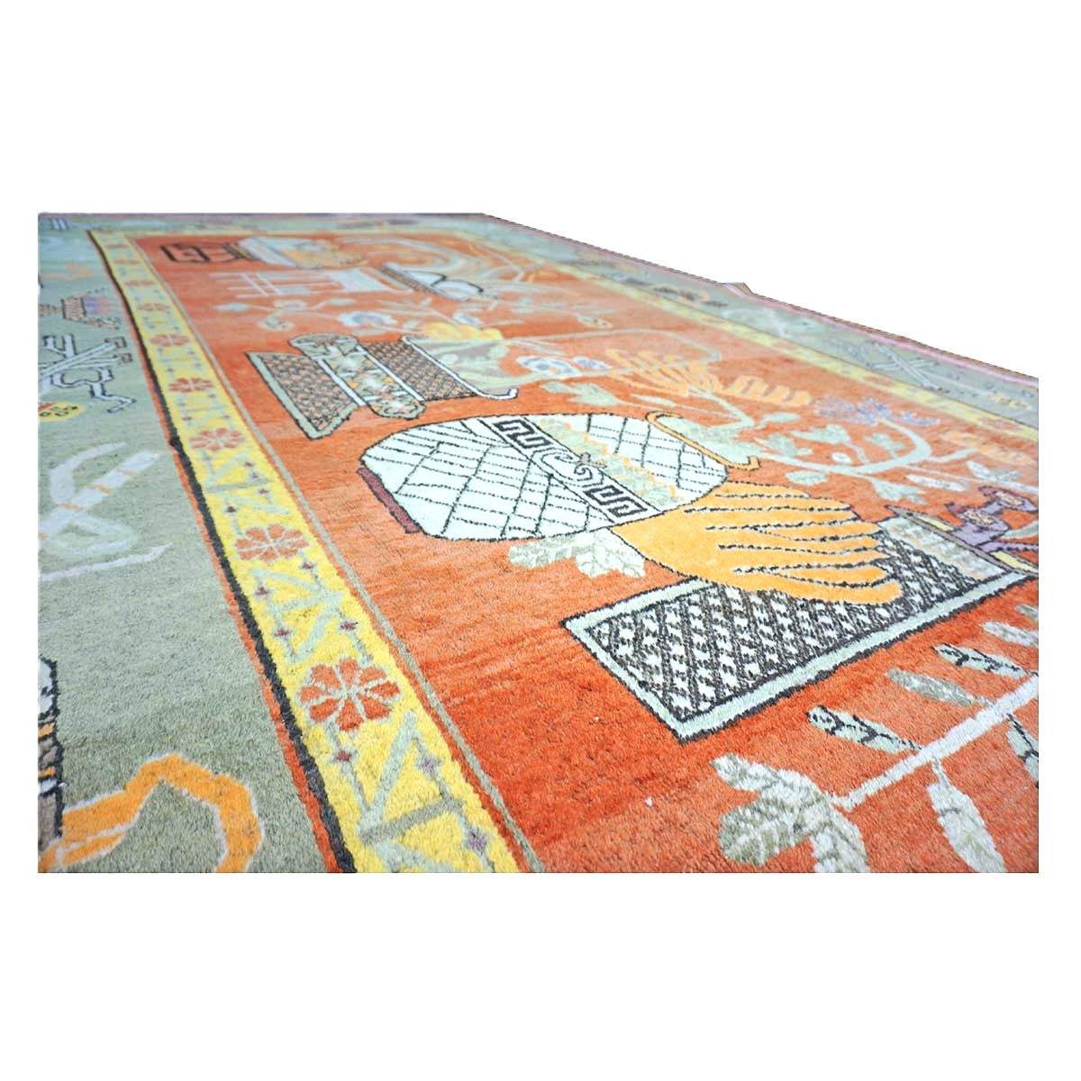 Vintage East Turkestani Khotan Wool 7x13 Brick, Olive & Ivory Handmade Gallery Rug #9902520