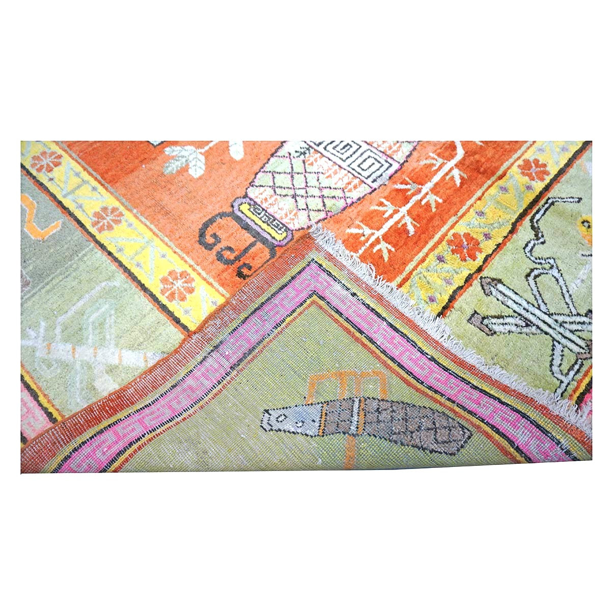 Vintage East Turkestani Khotan Wool 7x13 Brick, Olive & Ivory Handmade Gallery Rug #9902520