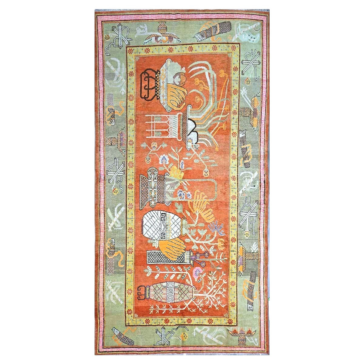 Vintage East Turkestani Khotan Wool 7x13 Brick, Olive & Ivory Handmade Gallery Rug #9902520