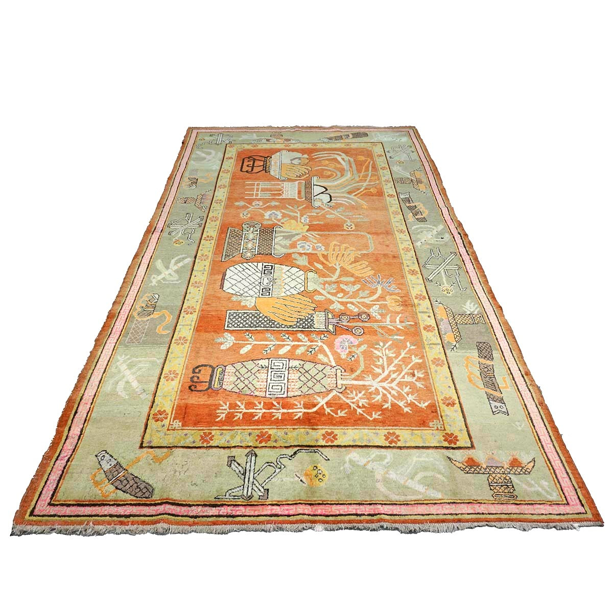 Vintage East Turkestani Khotan Wool 7x13 Brick, Olive & Ivory Handmade Gallery Rug #9902520