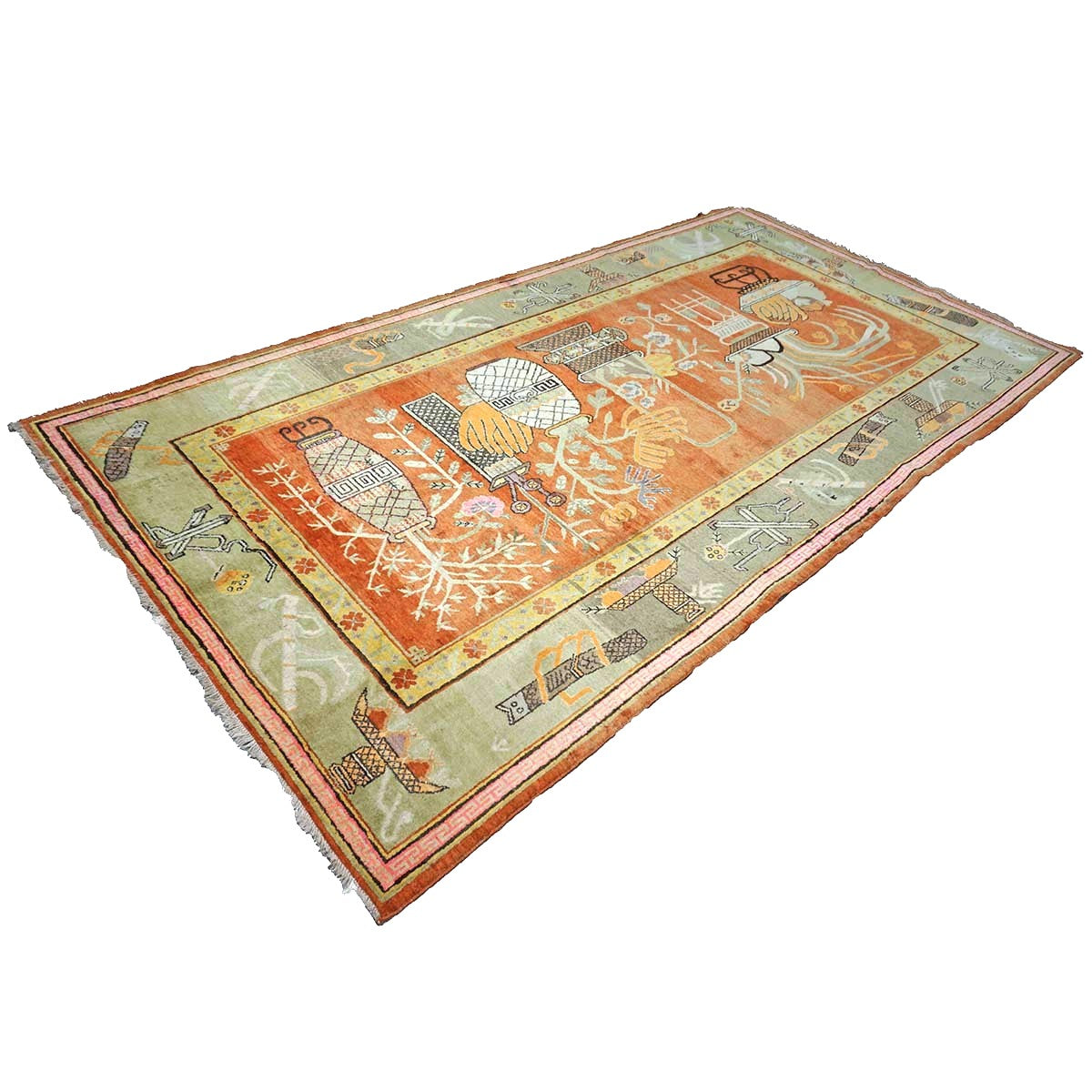 Vintage East Turkestani Khotan Wool 7x13 Brick, Olive & Ivory Handmade Gallery Rug #9902520