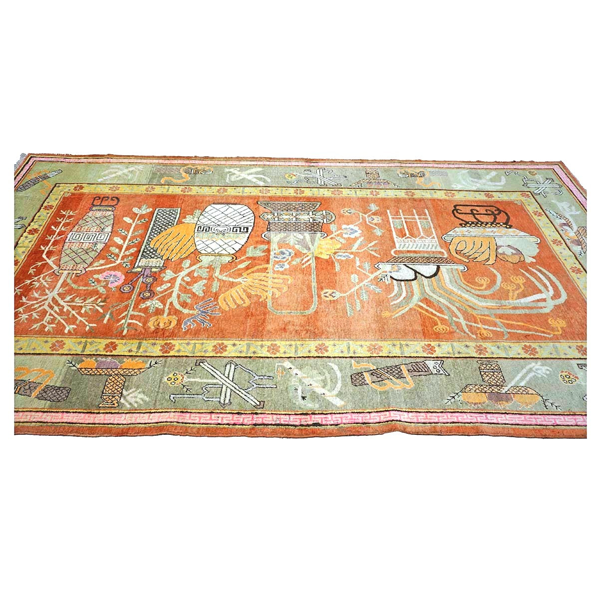Vintage East Turkestani Khotan Wool 7x13 Brick, Olive & Ivory Handmade Gallery Rug #9902520