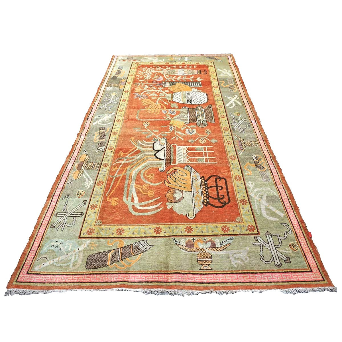 Vintage East Turkestani Khotan Wool 7x13 Brick, Olive & Ivory Handmade Gallery Rug #9902520