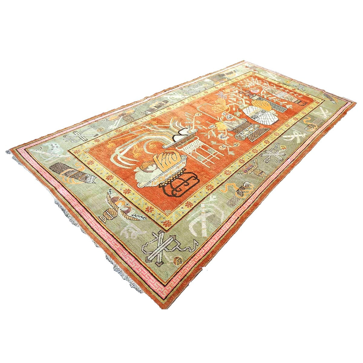 Vintage East Turkestani Khotan Wool 7x13 Brick, Olive & Ivory Handmade Gallery Rug #9902520