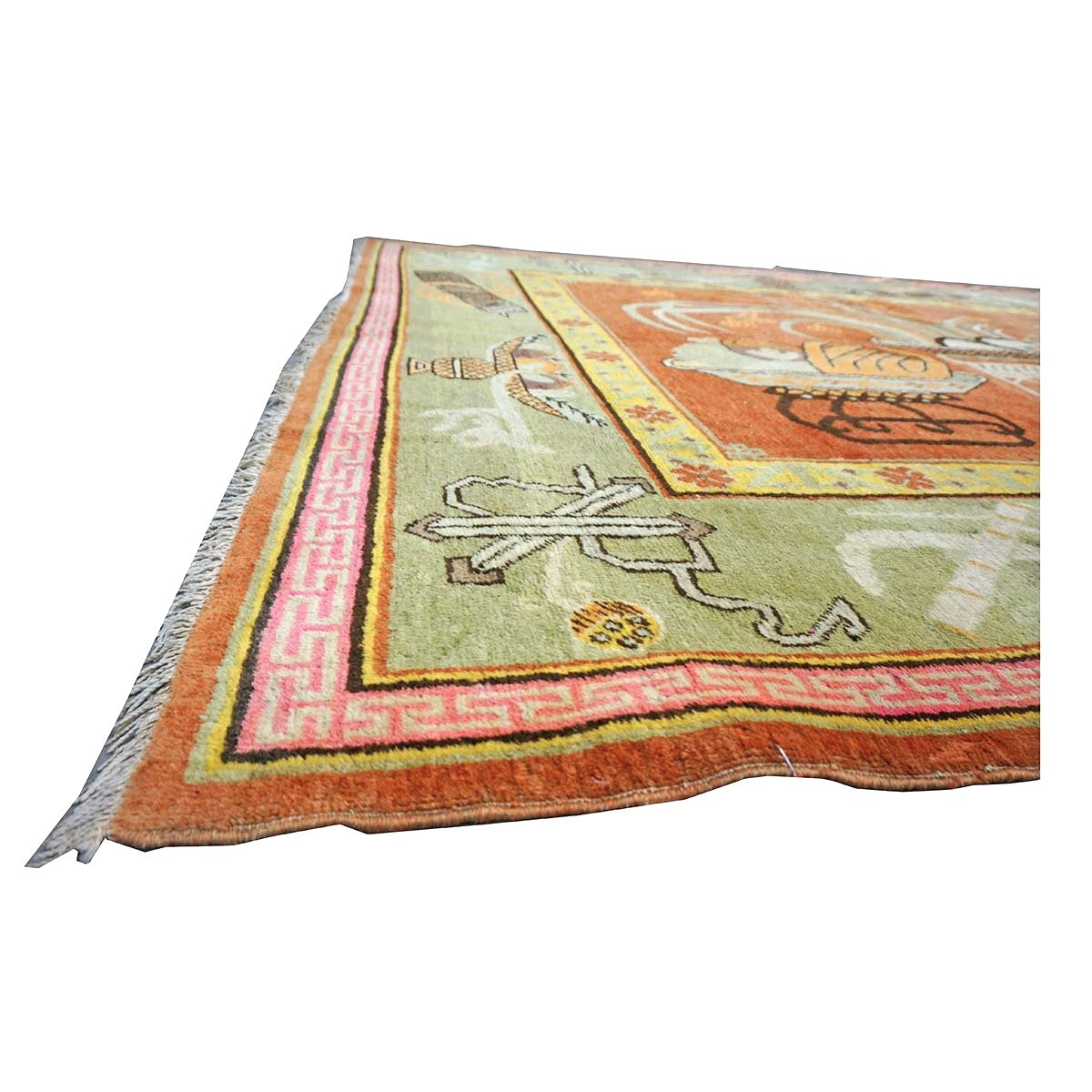 Vintage East Turkestani Khotan Wool 7x13 Brick, Olive & Ivory Handmade Gallery Rug #9902520