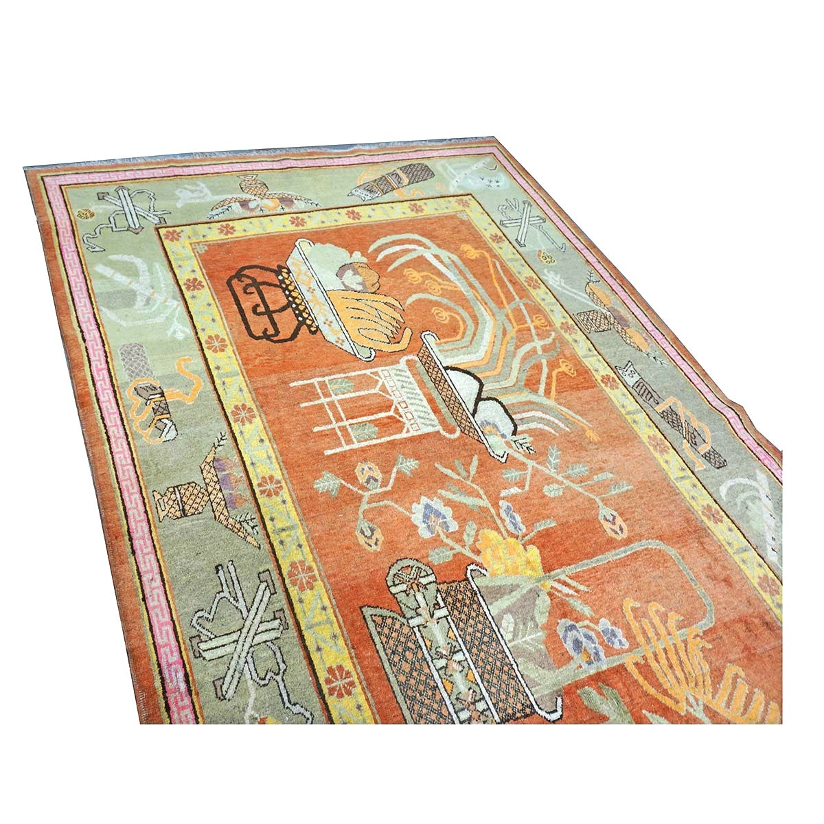 Vintage East Turkestani Khotan Wool 7x13 Brick, Olive & Ivory Handmade Gallery Rug #9902520