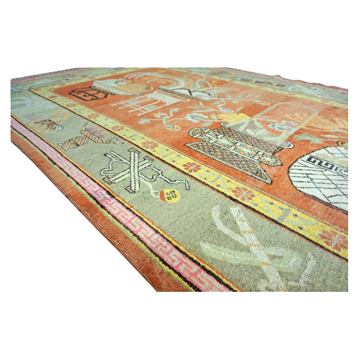 Vintage East Turkestani Khotan Wool 7x13 Brick, Olive & Ivory Handmade Gallery Rug #9902520
