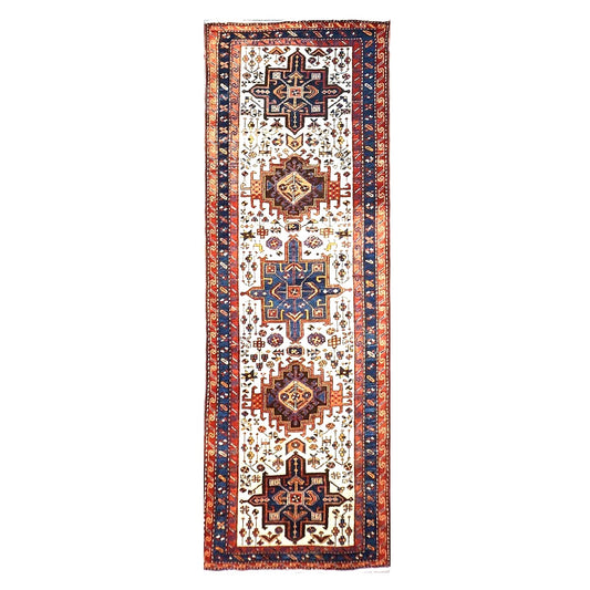 Antique Persian Karajeh Wool 4x11 Ivory, Red & Navy Handmade Gallery Rug #9902530