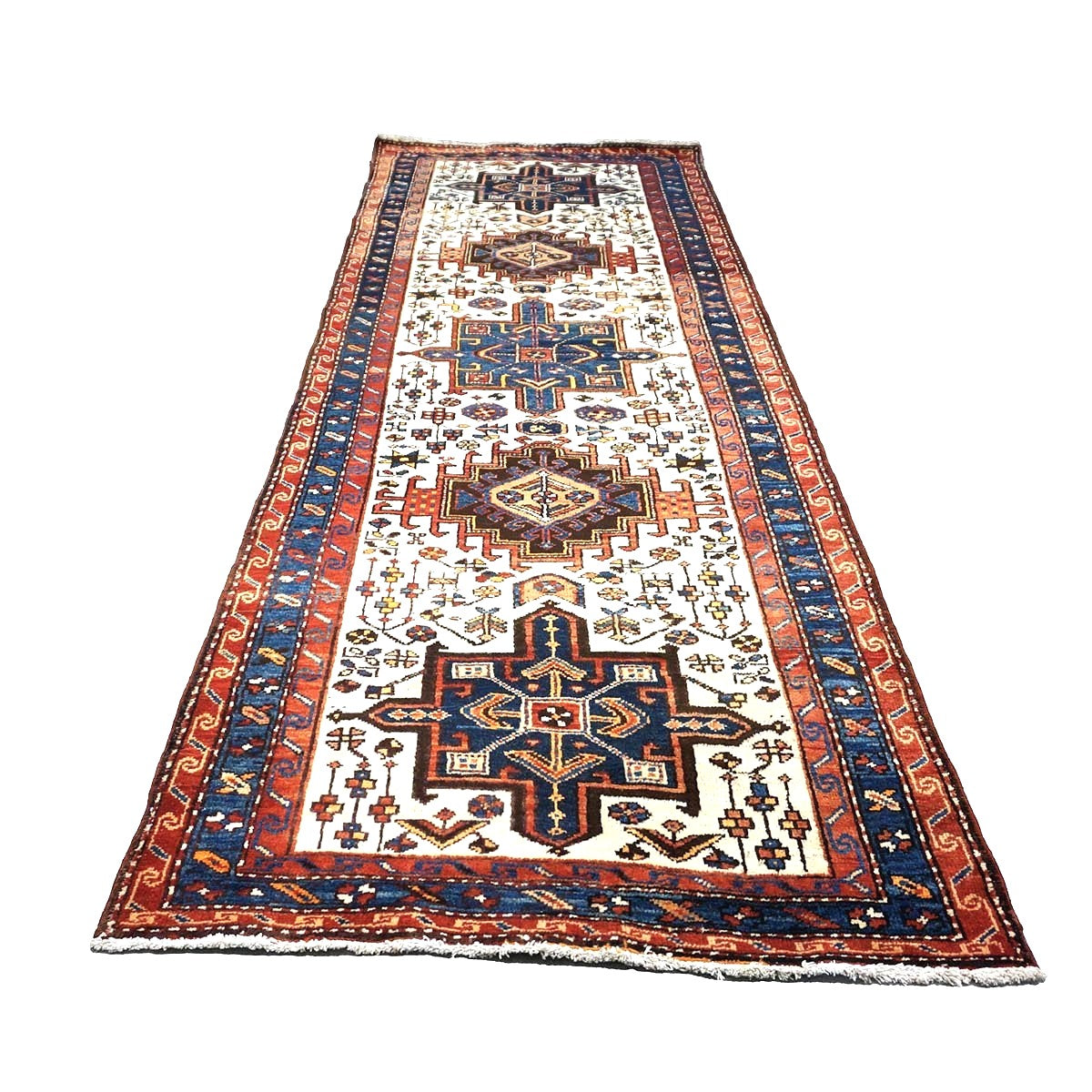 Antique Persian Karajeh Wool 4x11 Ivory, Red & Navy Handmade Gallery Rug #9902530