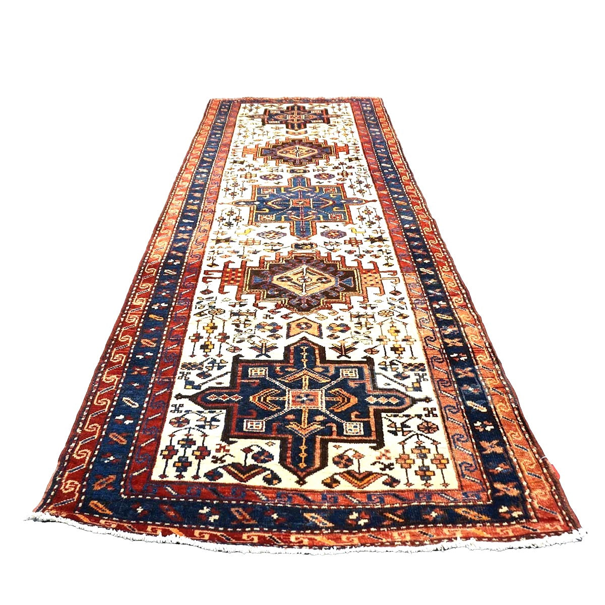 Antique Persian Karajeh Wool 4x11 Ivory, Red & Navy Handmade Gallery Rug #9902530
