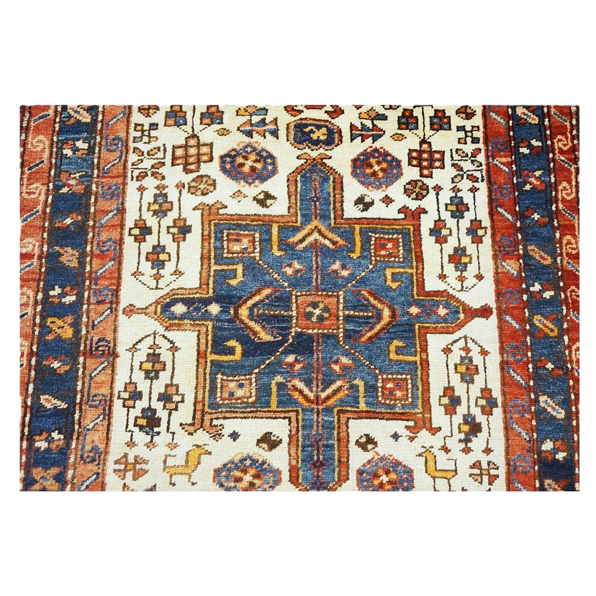 Antique Persian Karajeh Wool 4x11 Ivory, Red & Navy Handmade Gallery Rug #9902530