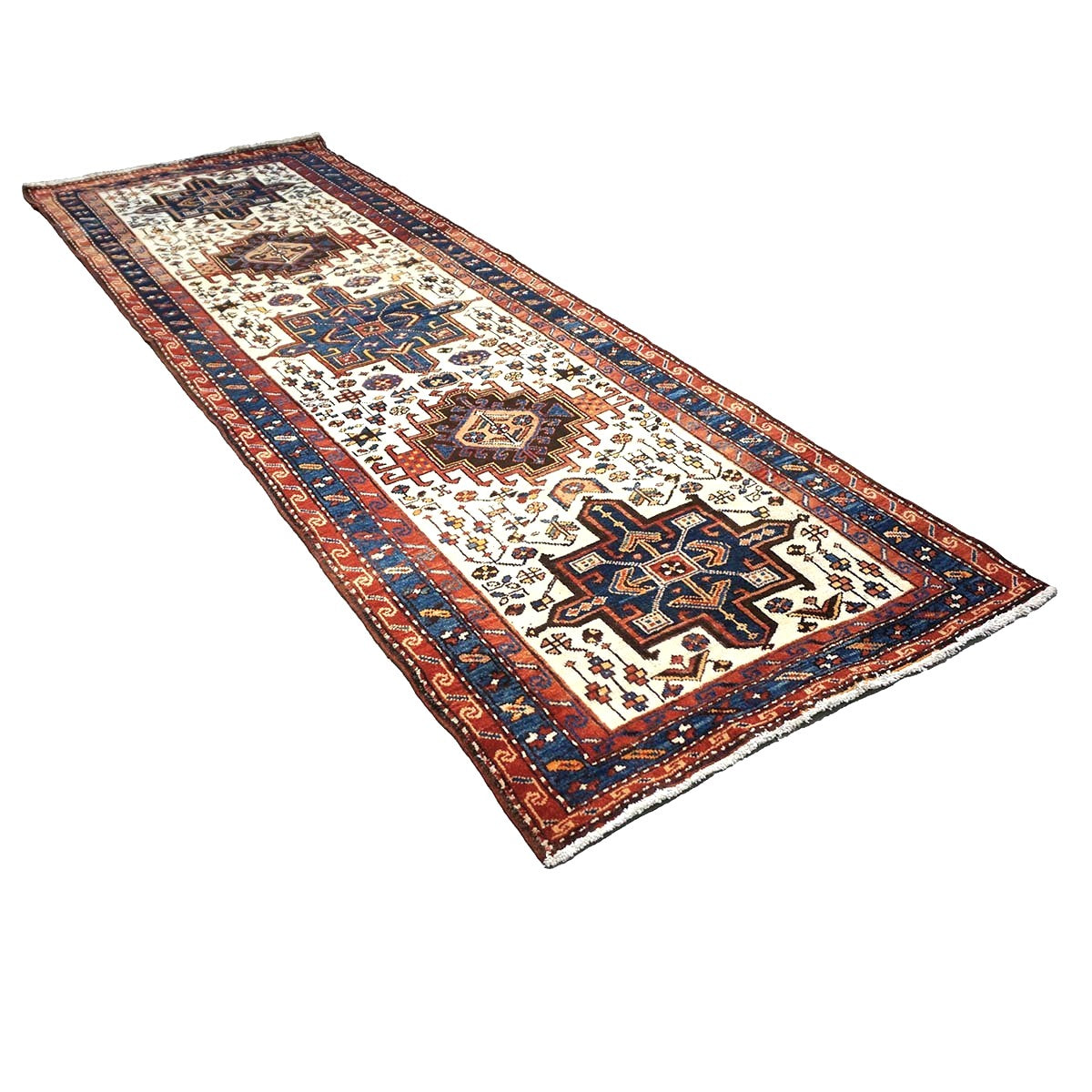 Antique Persian Karajeh Wool 4x11 Ivory, Red & Navy Handmade Gallery Rug #9902530