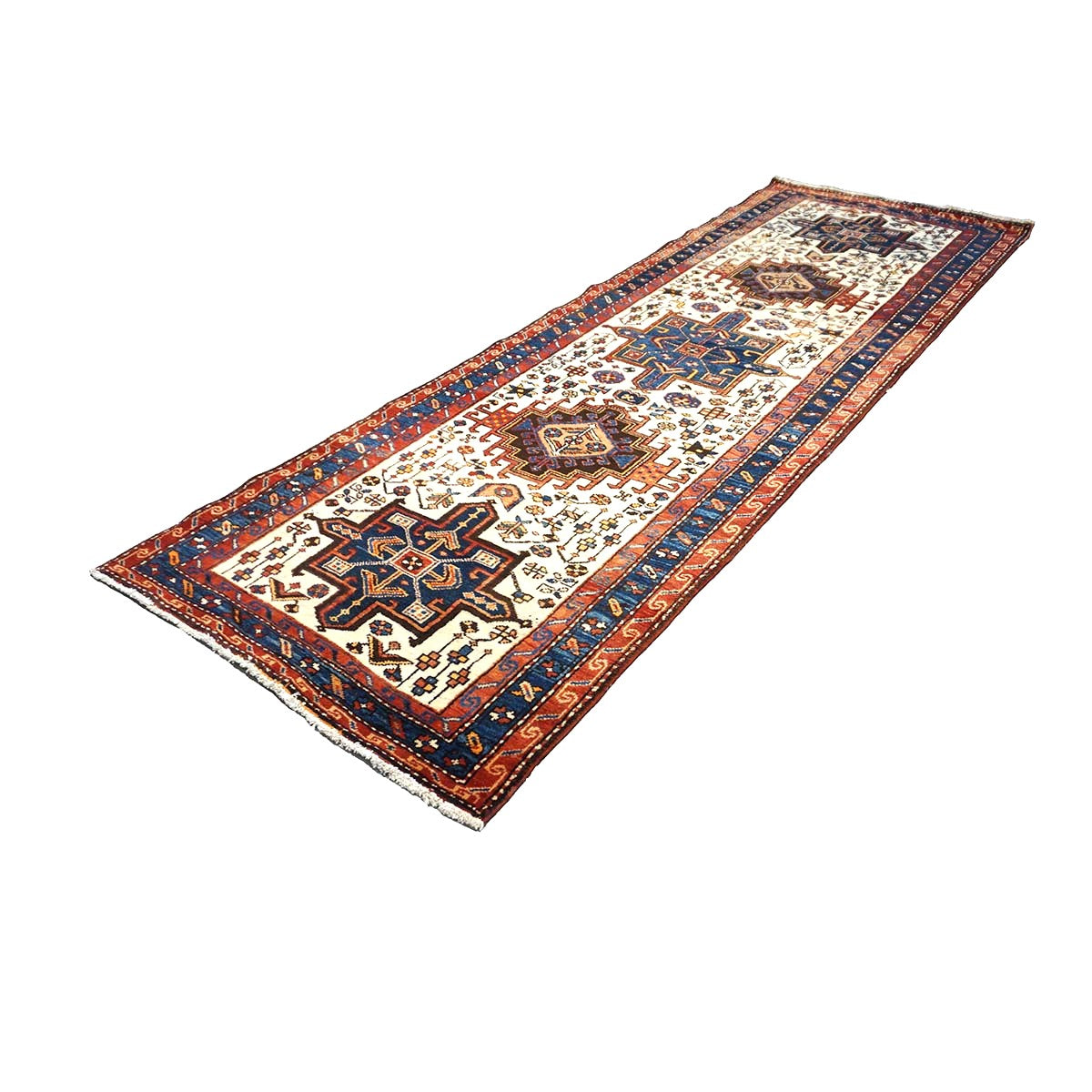 Antique Persian Karajeh Wool 4x11 Ivory, Red & Navy Handmade Gallery Rug #9902530