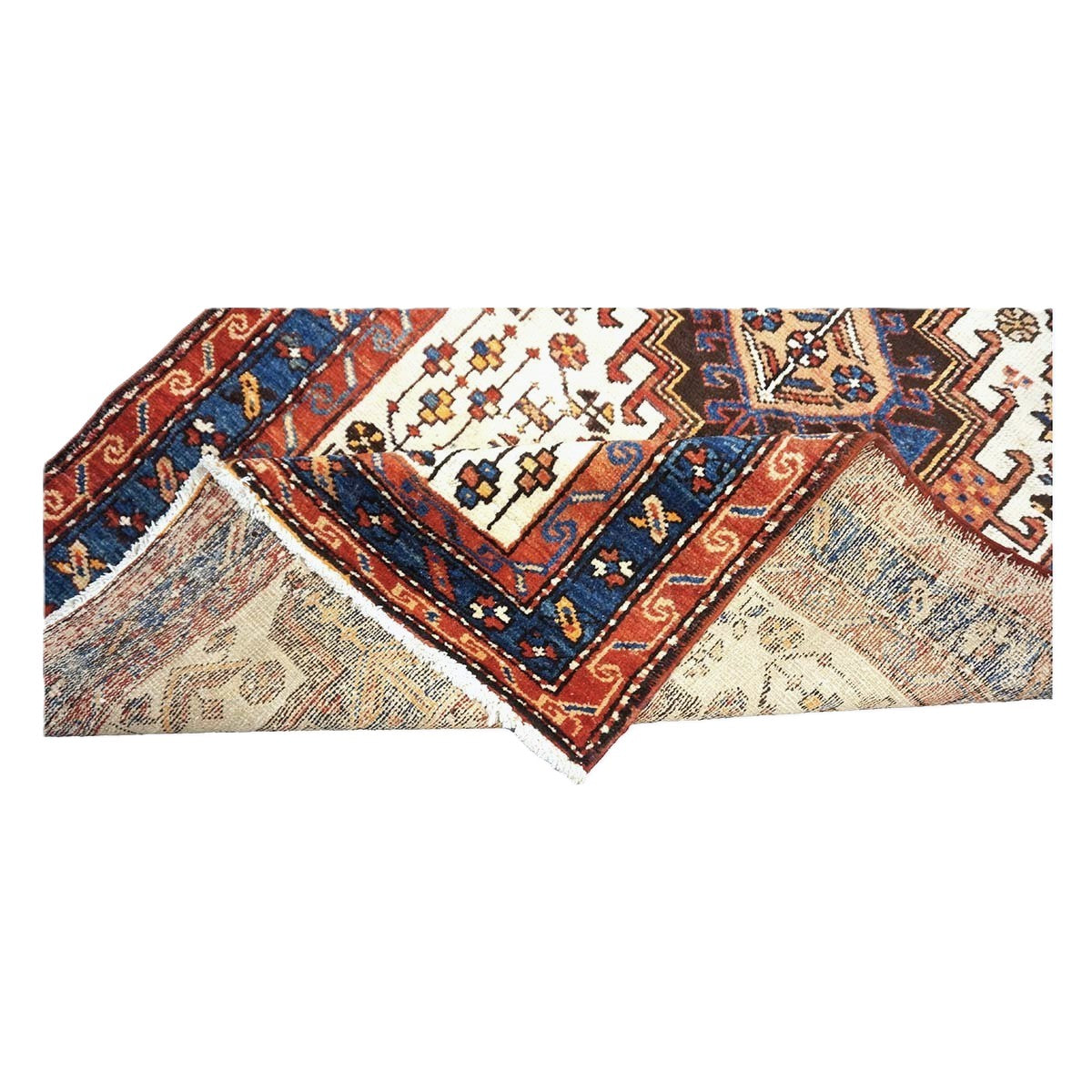 Antique Persian Karajeh Wool 4x11 Ivory, Red & Navy Handmade Gallery Rug #9902530