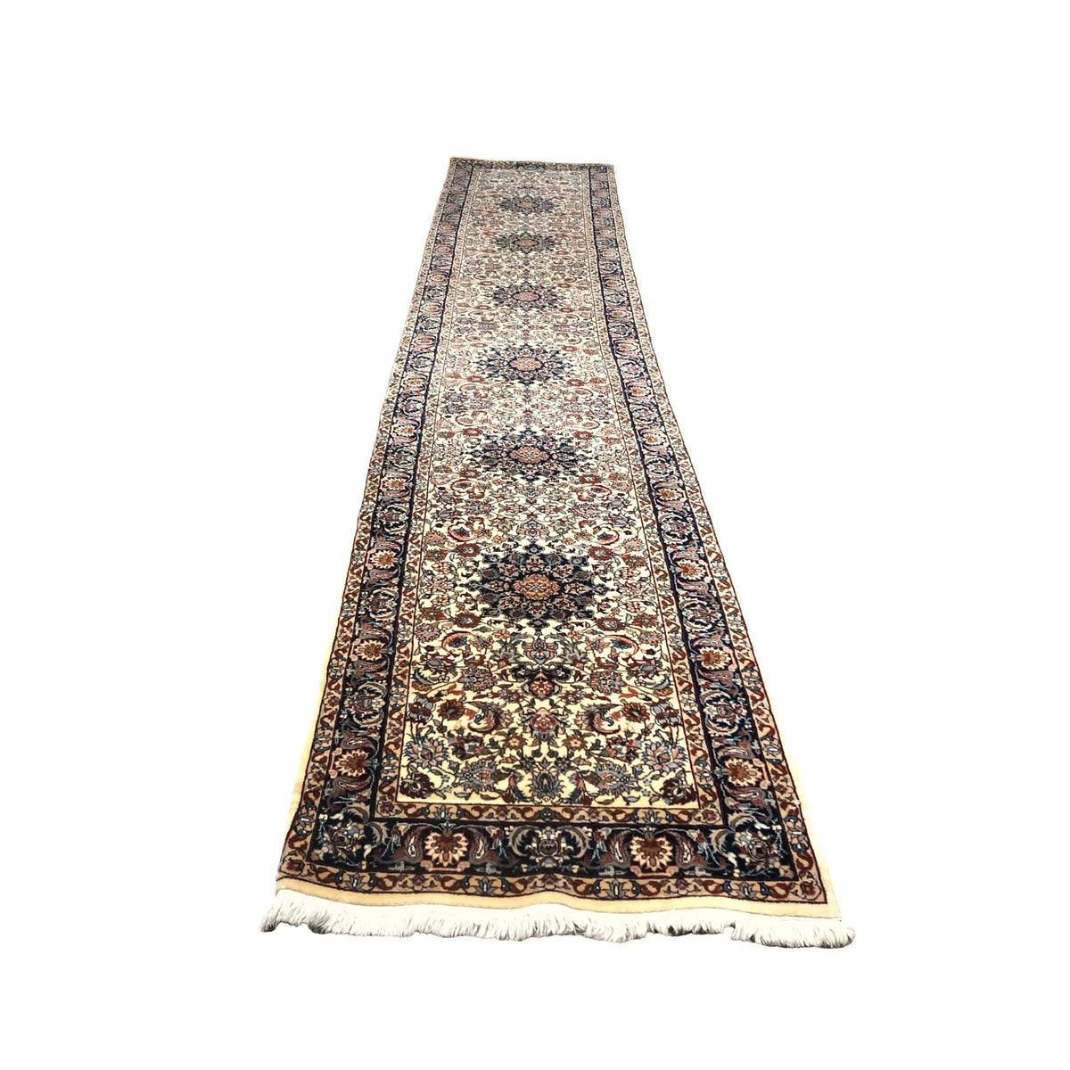 Vintage Sino-Persian Kashan Wool 3x14 Ivory, Navy & Charcoal Handmade Runner Rug #9902557