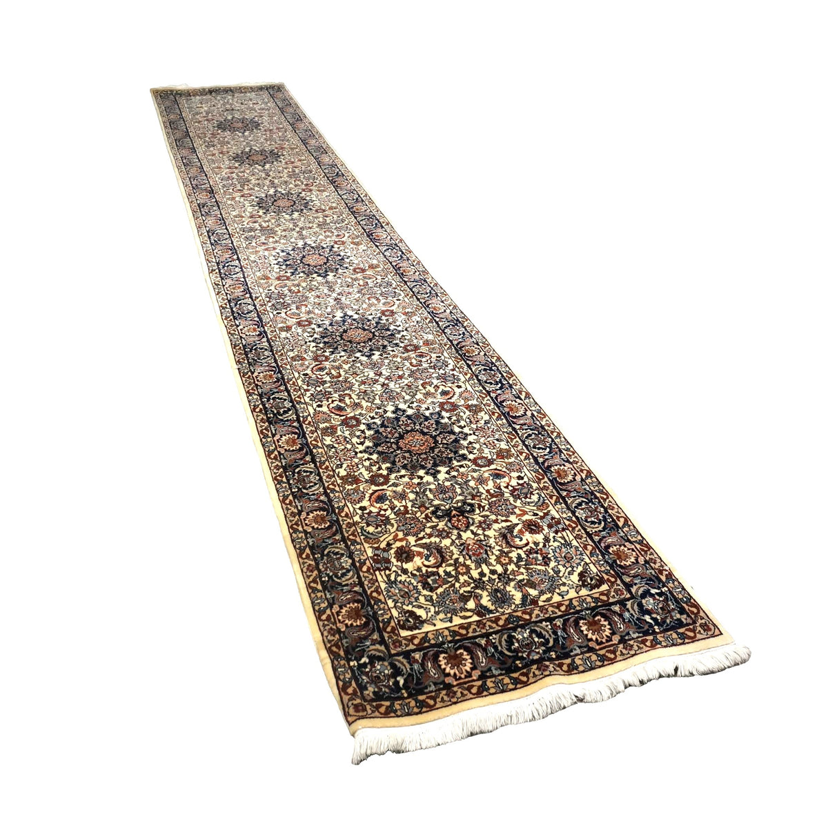 Vintage Sino-Persian Kashan Wool 3x14 Ivory, Navy & Charcoal Handmade Runner Rug #9902557