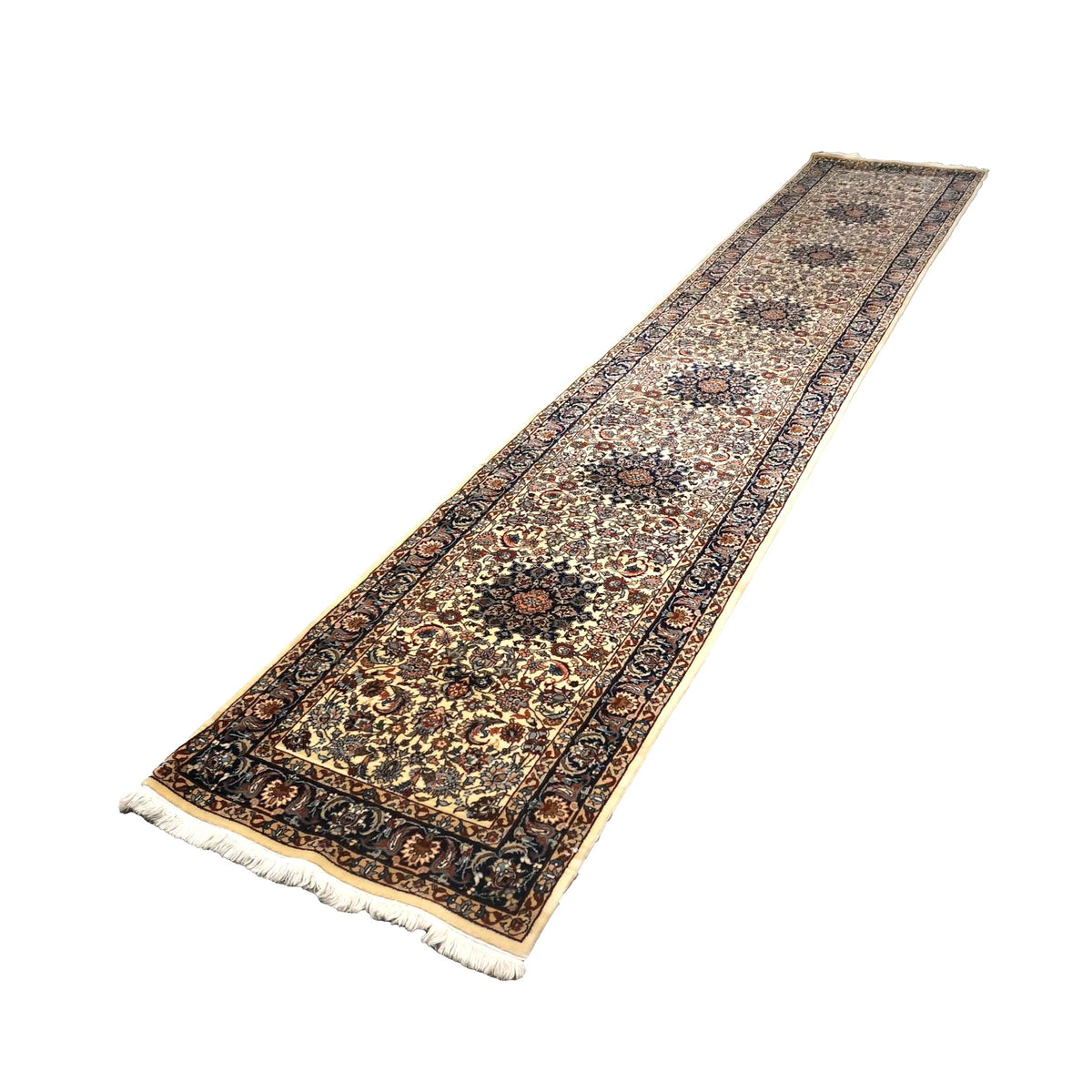 Vintage Sino-Persian Kashan Wool 3x14 Ivory, Navy & Charcoal Handmade Runner Rug #9902557