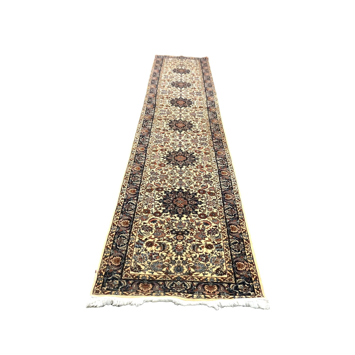 Vintage Sino-Persian Kashan Wool 3x14 Ivory, Navy & Charcoal Handmade Runner Rug #9902557