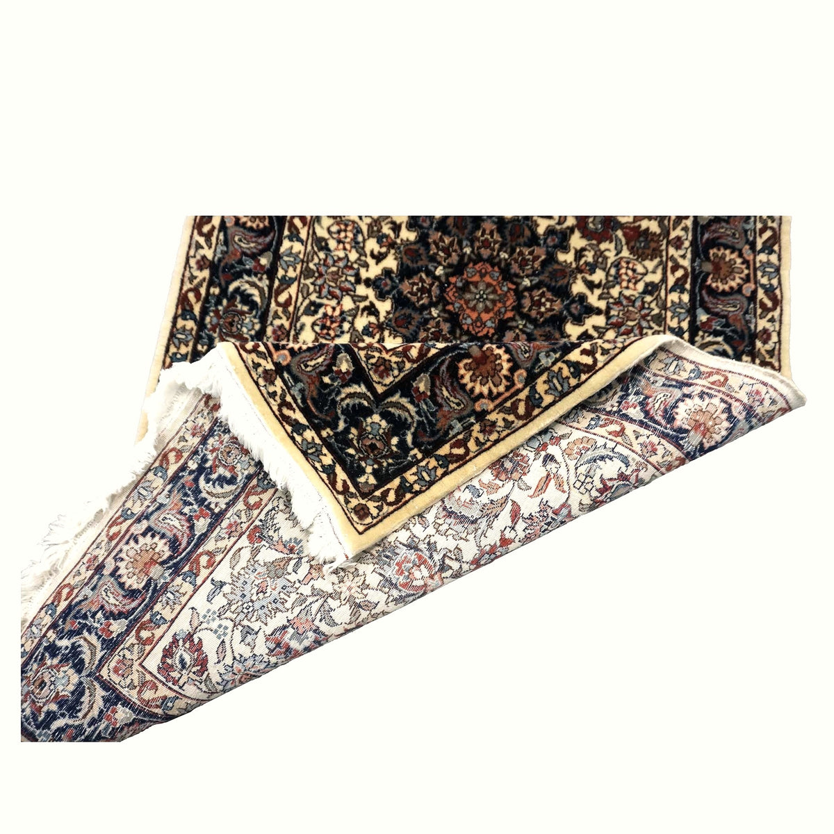 Vintage Sino-Persian Kashan Wool 3x14 Ivory, Navy & Charcoal Handmade Runner Rug #9902557