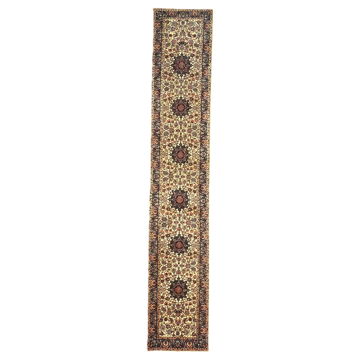 Vintage Sino-Persian Kashan Wool 3x14 Ivory, Navy & Charcoal Handmade Runner Rug #9902557