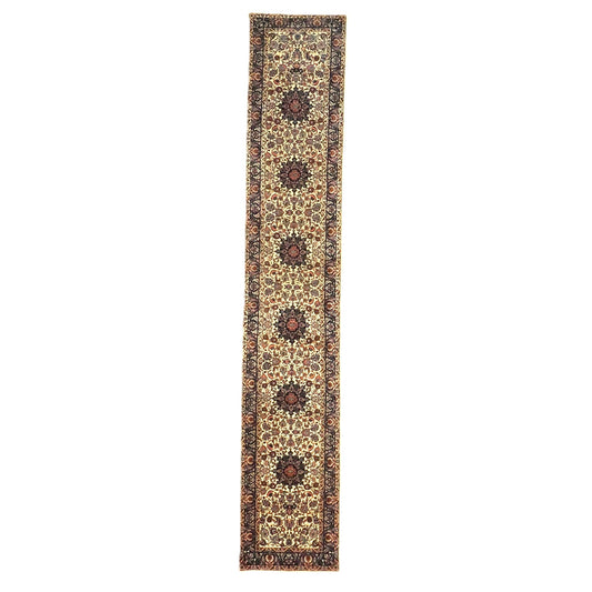 Vintage Sino-Persian Kashan Wool 3x14 Ivory, Navy & Charcoal Handmade Runner Rug #9902557