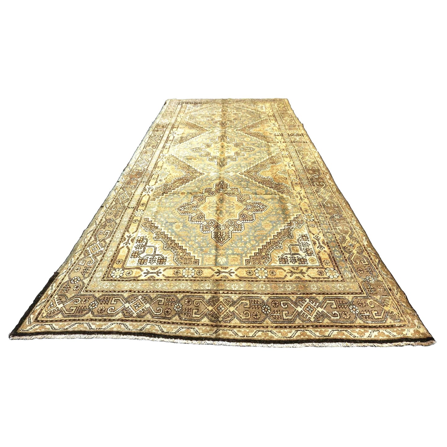 Vintage East Turkestani Khotan Wool 6x13 Tan, Taupe & Grey Handmade Gallery Rug #9902560