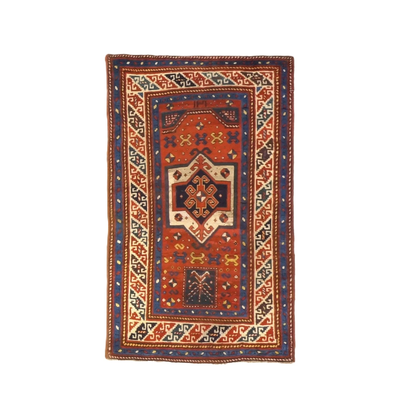 Antique Azerbaijani Kazak Wool 3x5 Rust, Blue & Ivory Handmade Area Rug #9902581