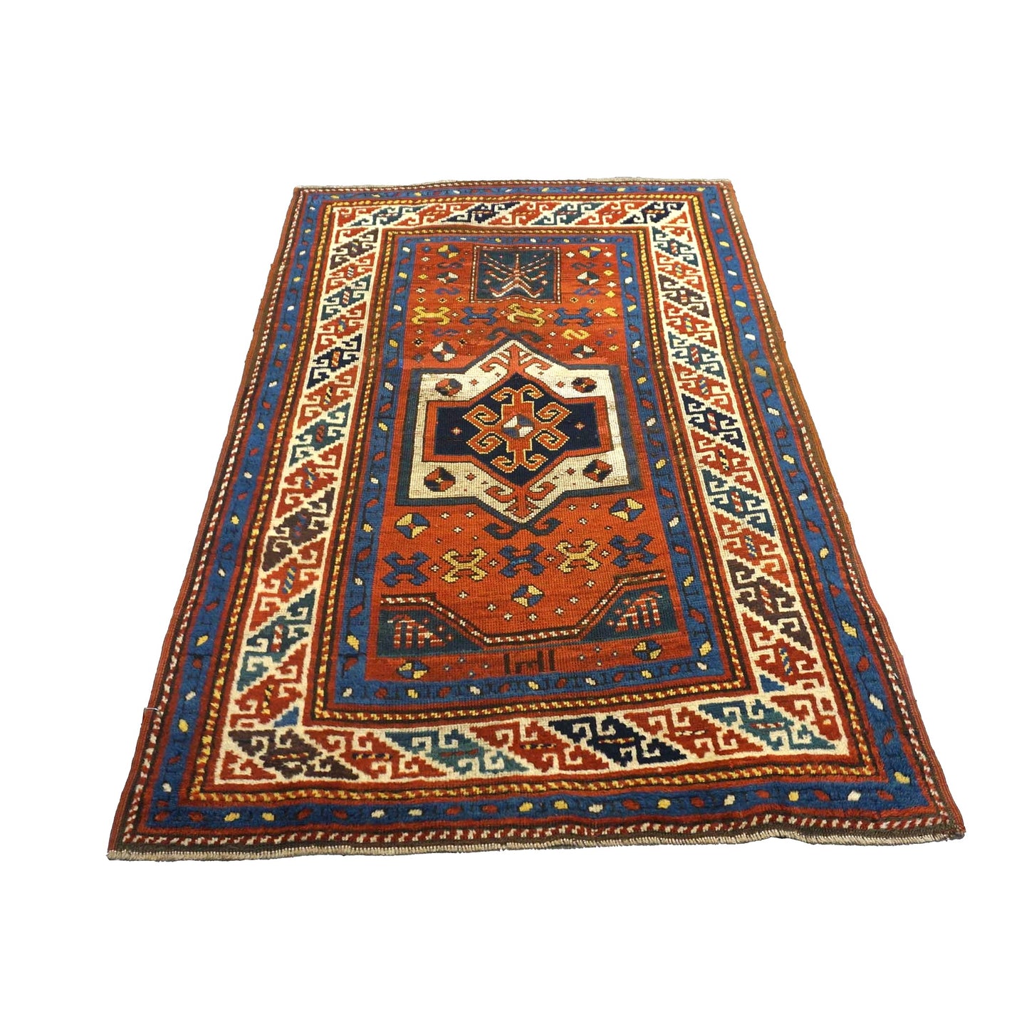 Antique Azerbaijani Kazak Wool 3x5 Rust, Blue & Ivory Handmade Area Rug #9902581