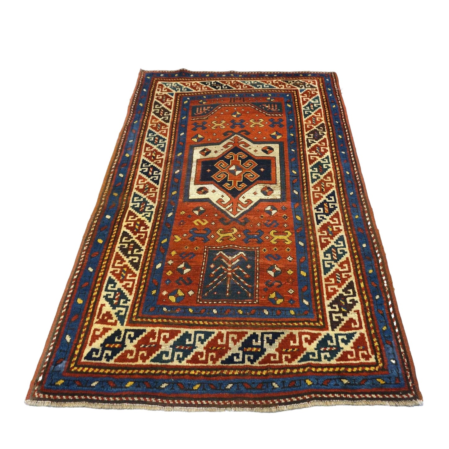 Antique Azerbaijani Kazak Wool 3x5 Rust, Blue & Ivory Handmade Area Rug #9902581