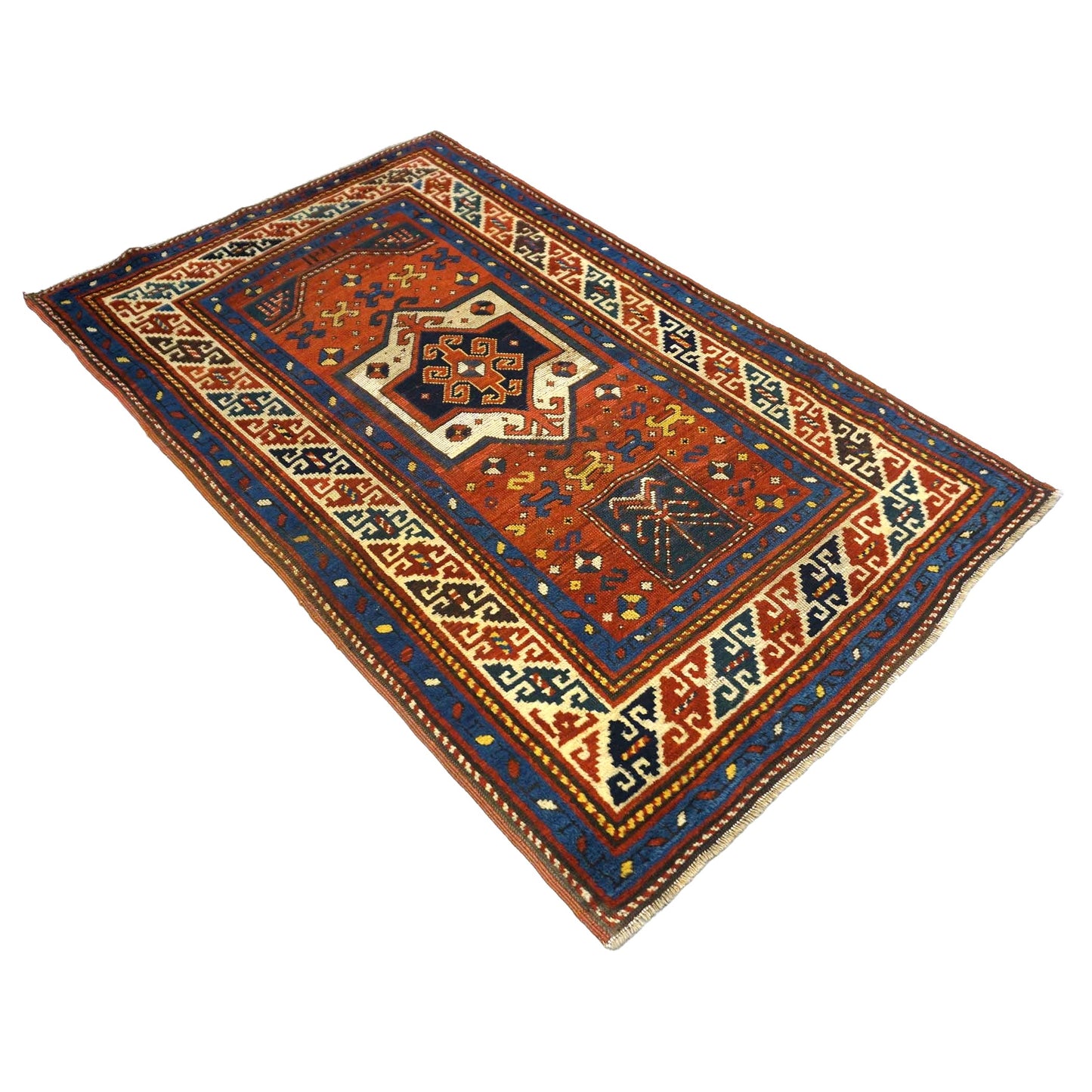 Antique Azerbaijani Kazak Wool 3x5 Rust, Blue & Ivory Handmade Area Rug #9902581