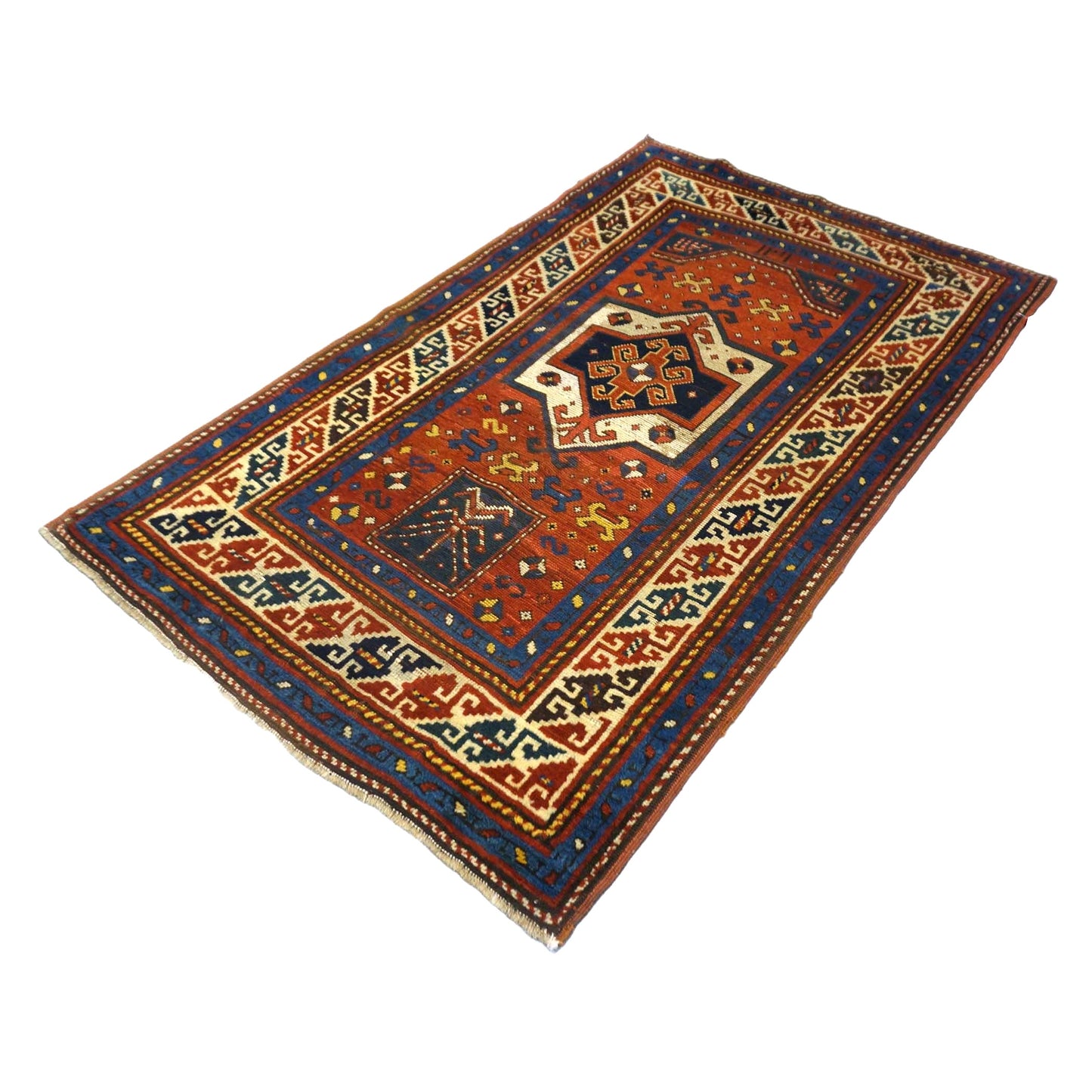 Antique Azerbaijani Kazak Wool 3x5 Rust, Blue & Ivory Handmade Area Rug #9902581