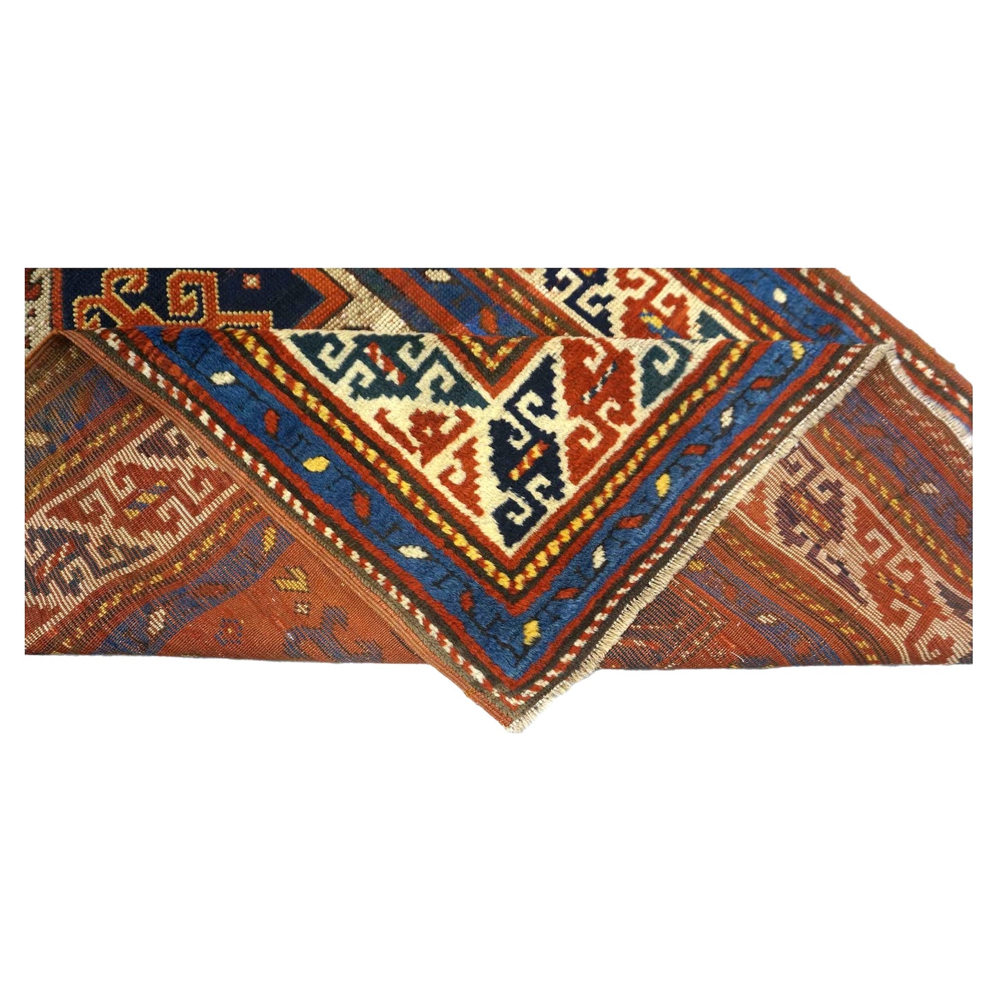 Antique Azerbaijani Kazak Wool 3x5 Rust, Blue & Ivory Handmade Area Rug #9902581