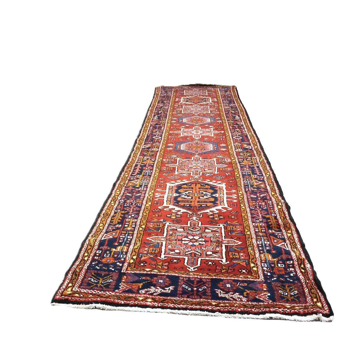Vintage Persian Karajeh Wool 4x13 Red, Navy & Ivory Handmade Gallery Rug #9902626