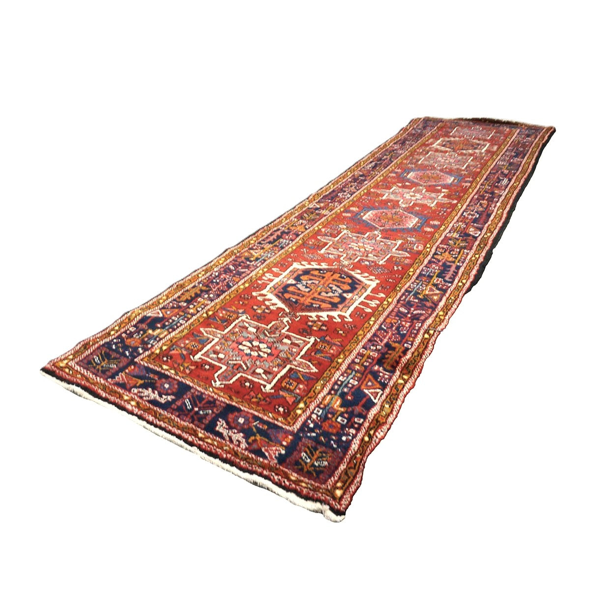 Vintage Persian Karajeh Wool 4x13 Red, Navy & Ivory Handmade Gallery Rug #9902626