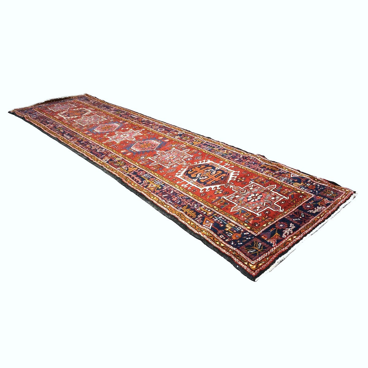Vintage Persian Karajeh Wool 4x13 Red, Navy & Ivory Handmade Gallery Rug #9902626