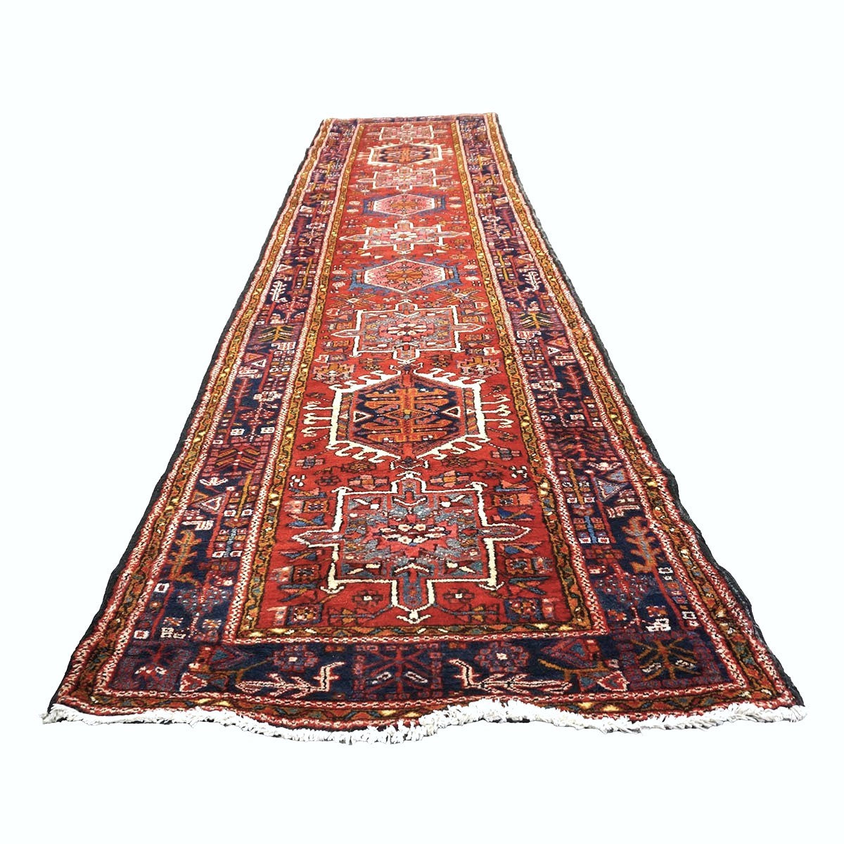 Vintage Persian Karajeh Wool 4x13 Red, Navy & Ivory Handmade Gallery Rug #9902626