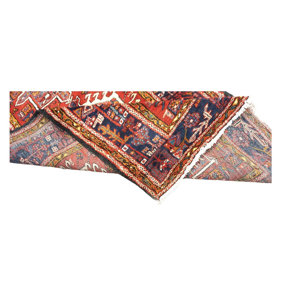 Vintage Persian Karajeh Wool 4x13 Red, Navy & Ivory Handmade Gallery Rug #9902626