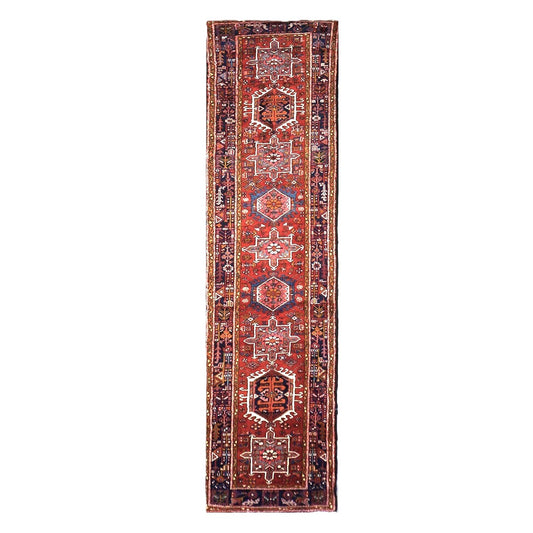 Vintage Persian Karajeh Wool 4x13 Red, Navy & Ivory Handmade Gallery Rug #9902626