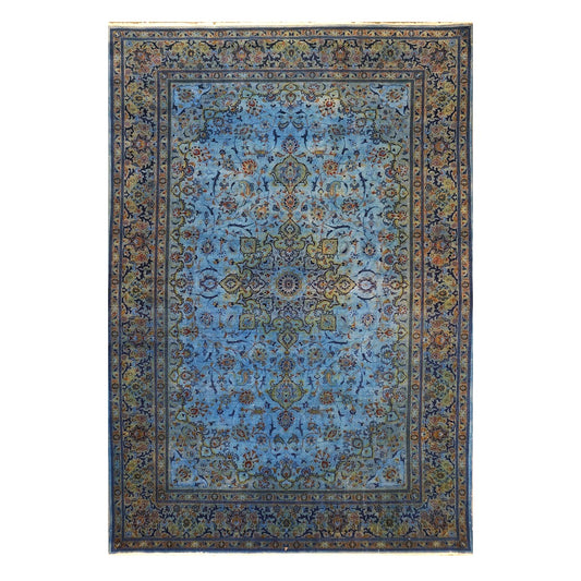 Vintage Persian Kashan Wool 10x15 Overdye Blue Handmade Area Rug #9902637