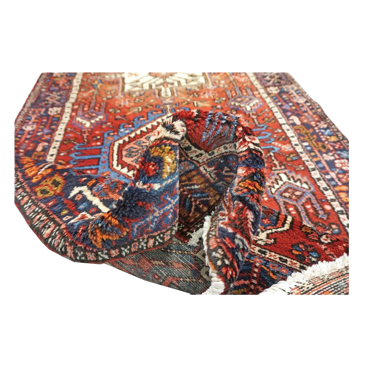 Vintage Persian Karajeh Wool 3x15 Red, Ivory & Navy Handmade Runner Rug #9902669