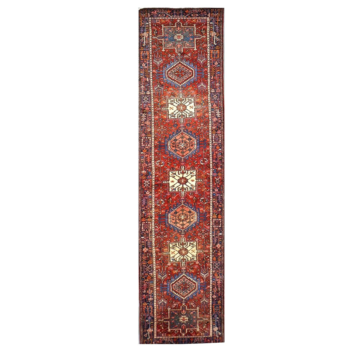 Vintage Persian Karajeh Wool 3x15 Red, Ivory & Navy Handmade Runner Rug #9902669