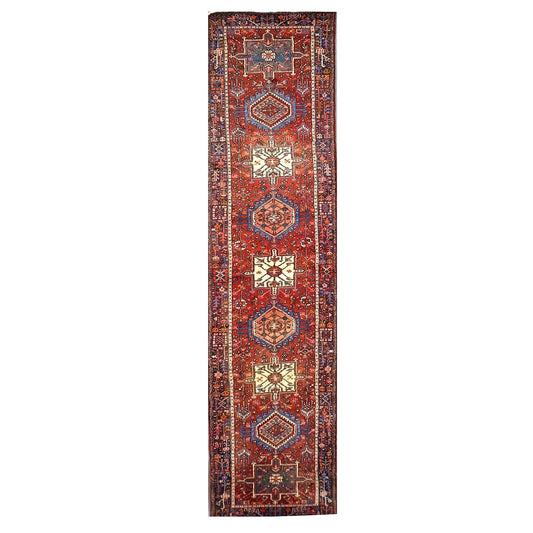 Vintage Persian Karajeh Wool 3x15 Red, Ivory & Navy Handmade Runner Rug #9902669