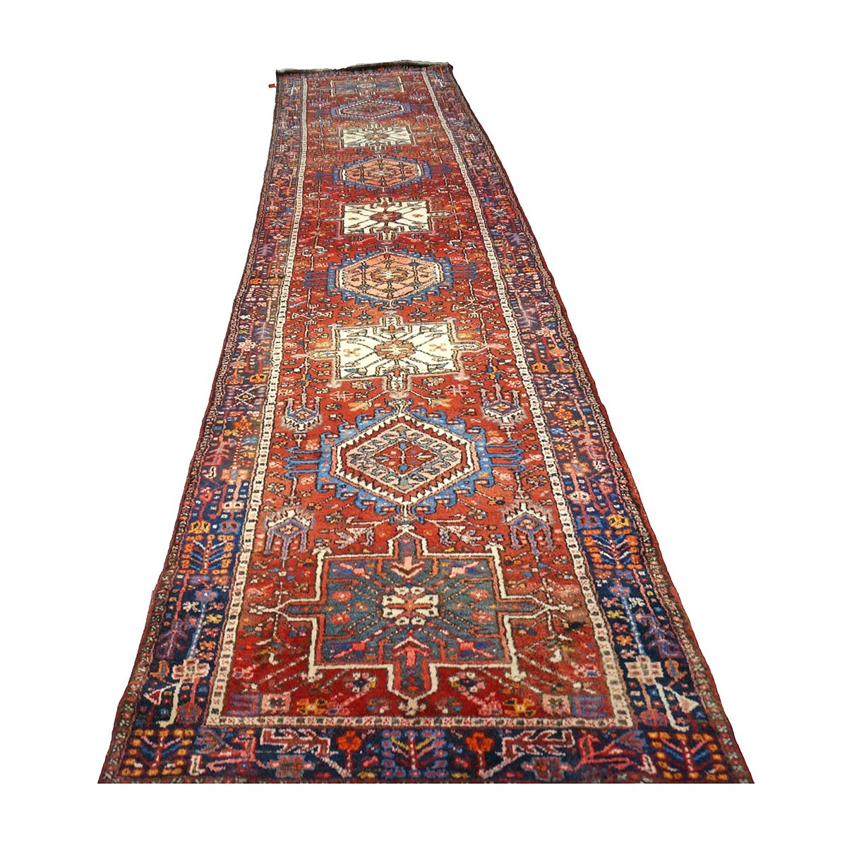 Vintage Persian Karajeh Wool 3x15 Red, Ivory & Navy Handmade Runner Rug #9902669
